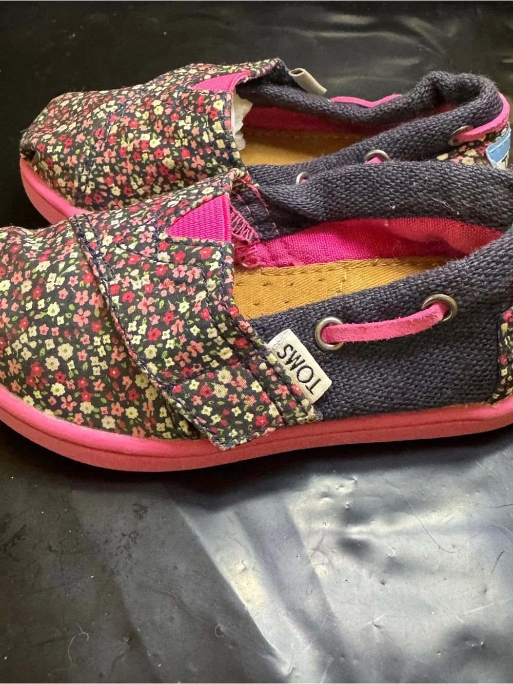 TOMS Baby Girl Navy Floral Slip-Ons with Pink Accents